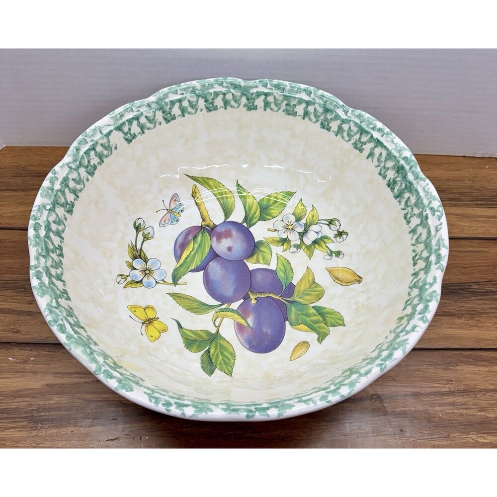 XL Himark Italy Green Spongeware 13'' Serving Bowl Round Plum Butterfly